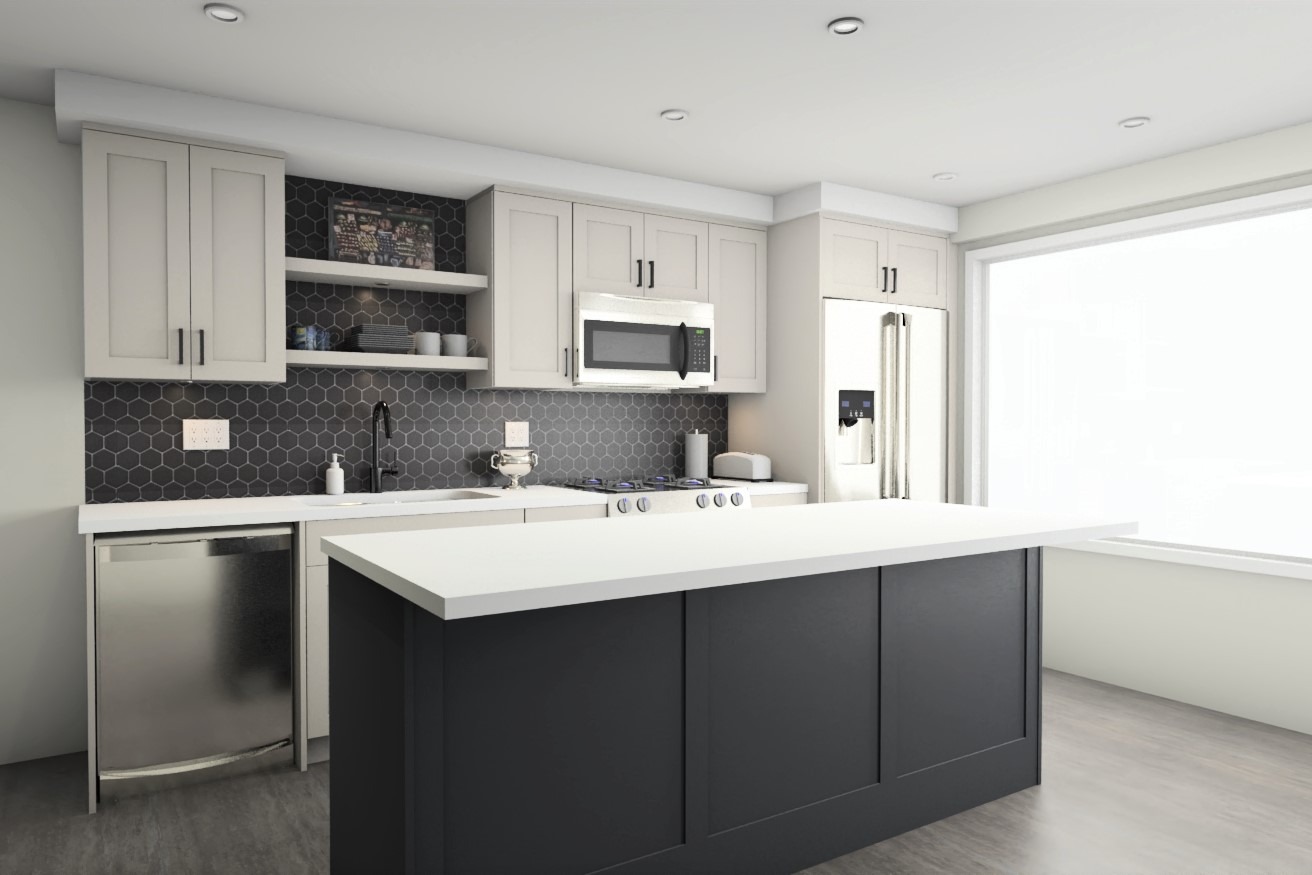 Kitchen design rendering compared with the finished build — before