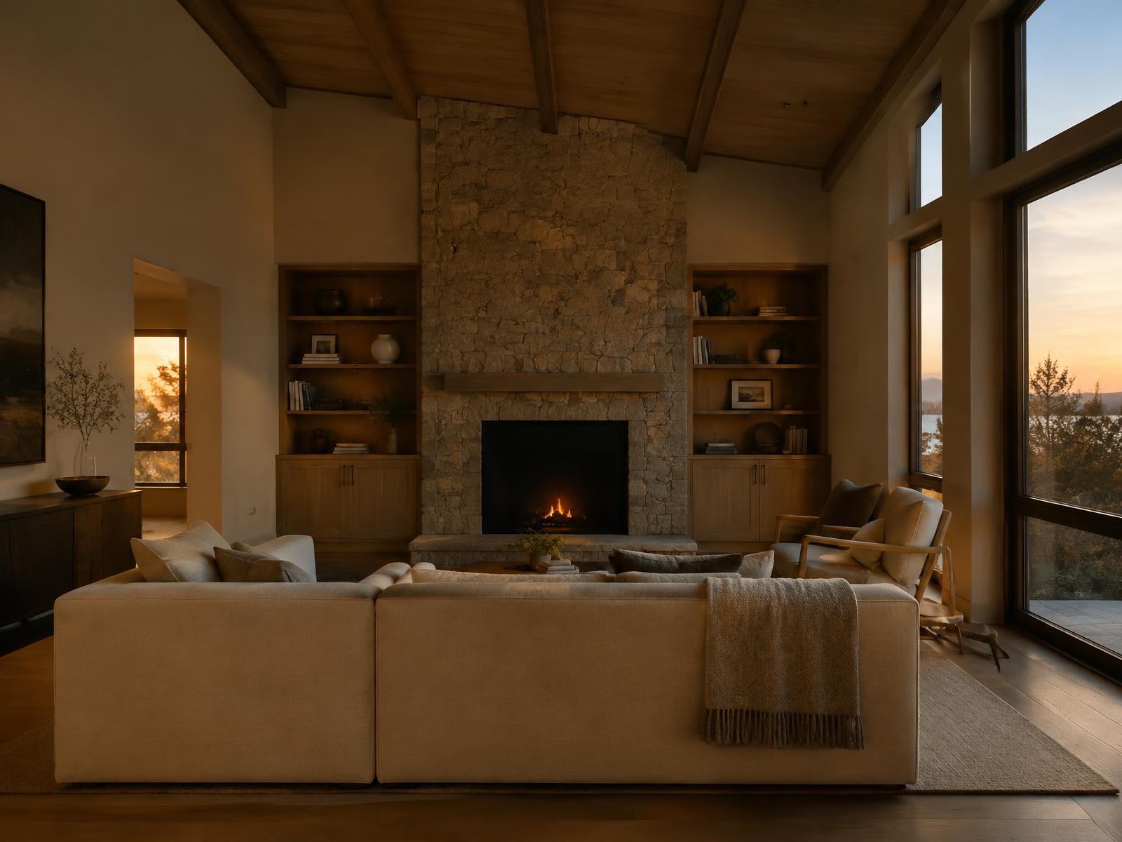 Warm renovated living room with stone fireplace at dusk